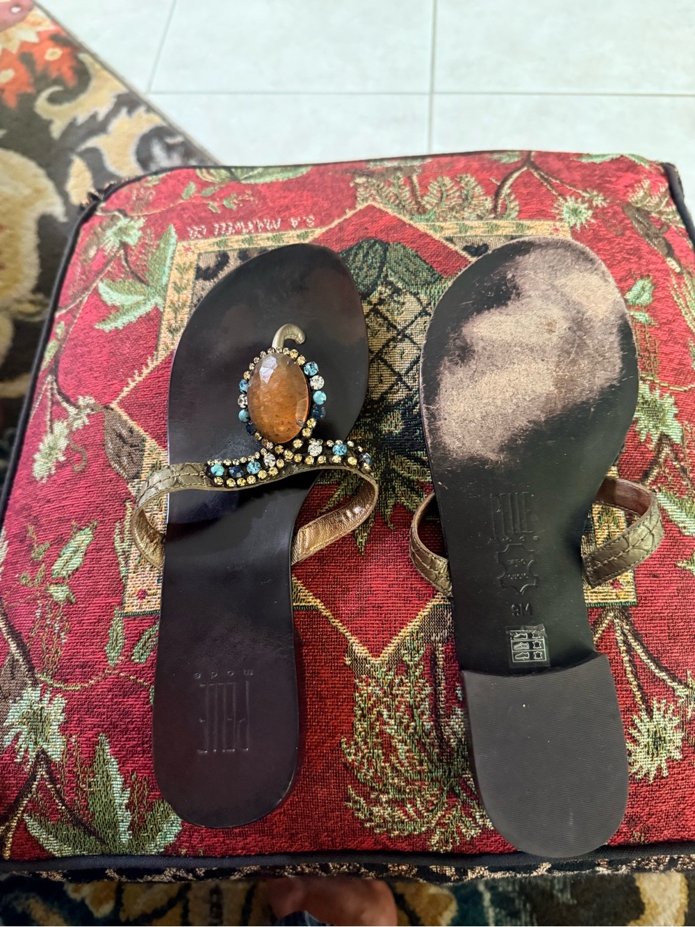 Pelle Moda Breeze Sandal -Dark Gold Genuine Carp Skin  with Crystals and Stone